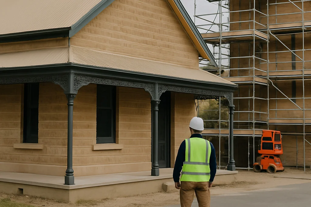 Victorian-style Sydney terrace restoration with scaffolding and site supervisor