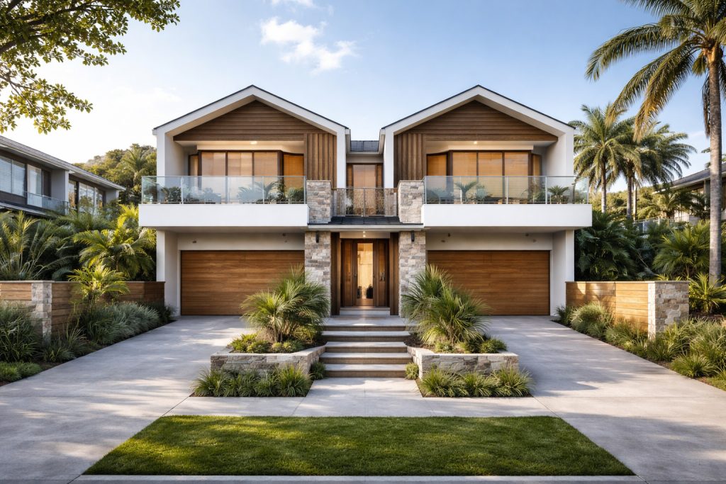 A modern coastal duplex on the Northern Beaches, balancing contemporary design with neighbourhood character