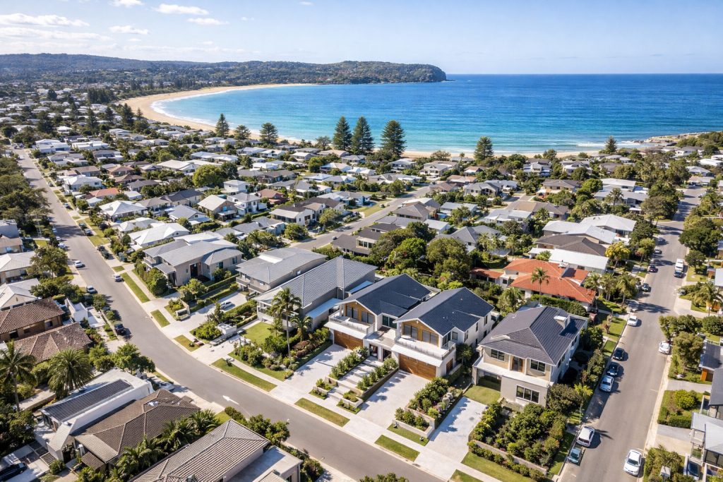 Aerial perspective of a Northern Beaches suburb, showing the coastal proximity and street layout typical of duplex development sites