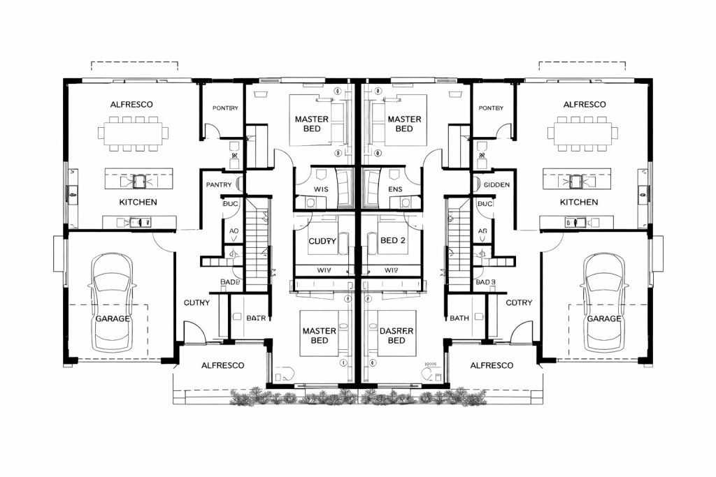 Architectural floor plan for a dual occupancy development, showing the party wall separation and room layout for each dwelling