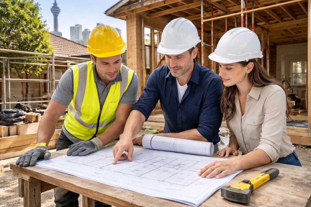 Construction-team-reviewing-architectural-renovation-plans-on-a-building-site-in-Sydney